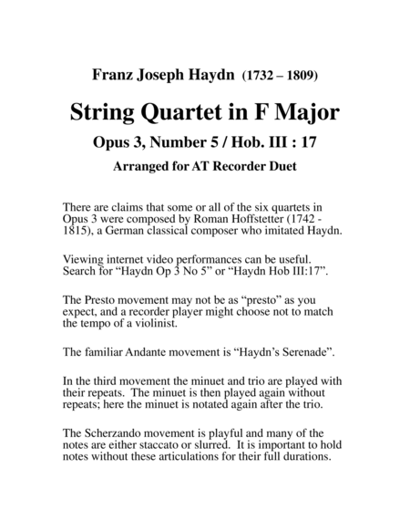 Haydn String Quartet for Recorder Duet image number null