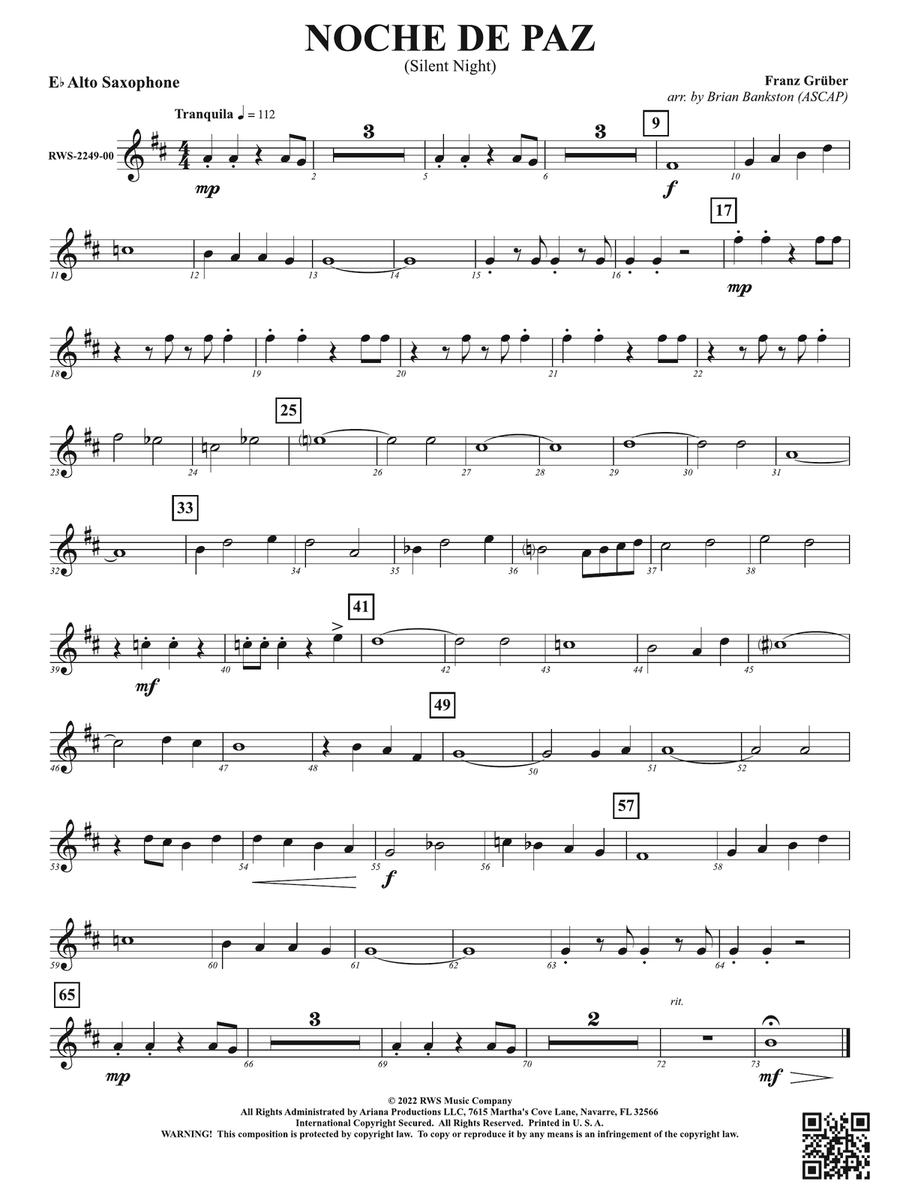 Noche de Paz - Silent Night: 1st E-flat Alto Saxophone Alto Saxophone scores gallery preview page 1