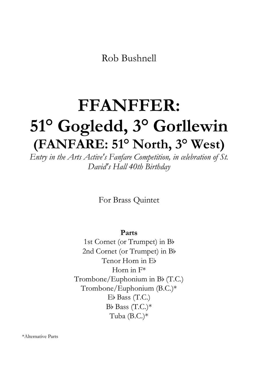 FFANFFER: 51° Gogledd, 3° Gorllewin (FANFARE: 51° North, 3° West) (Rob Bushnell) - Brass Quintet Brass Quintet scores gallery preview page 2