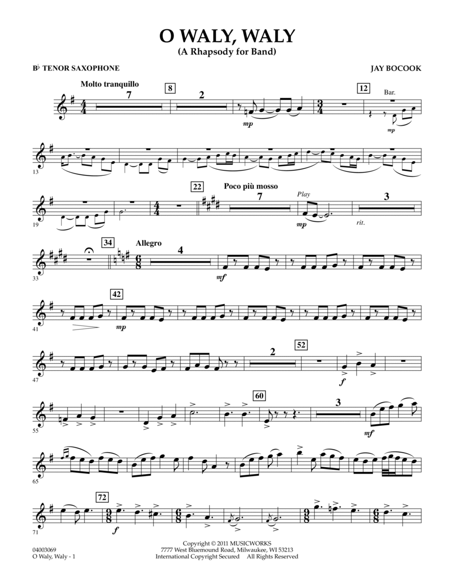 O Waly Waly (A Rhapsody For Band) - Bb Tenor Saxophone Concert Band scores gallery preview page 1