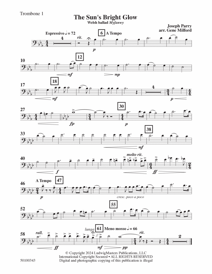 The Sun's Bright Glow (arr. Gene Milford) - Trombone 1 Concert Band scores gallery preview page 1