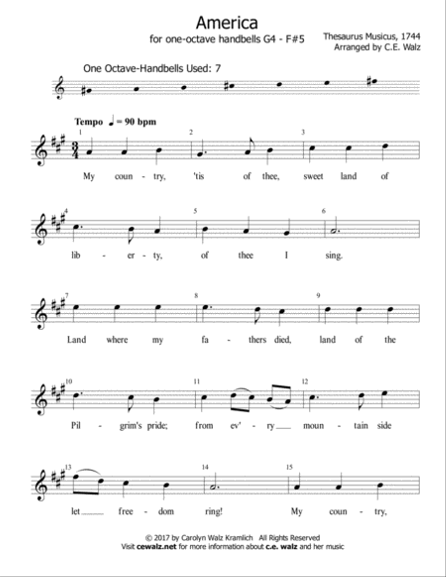 My Country 'Tis of Thee - One octave handbells G4 - F#5 Handbell Choir scores gallery preview page 1