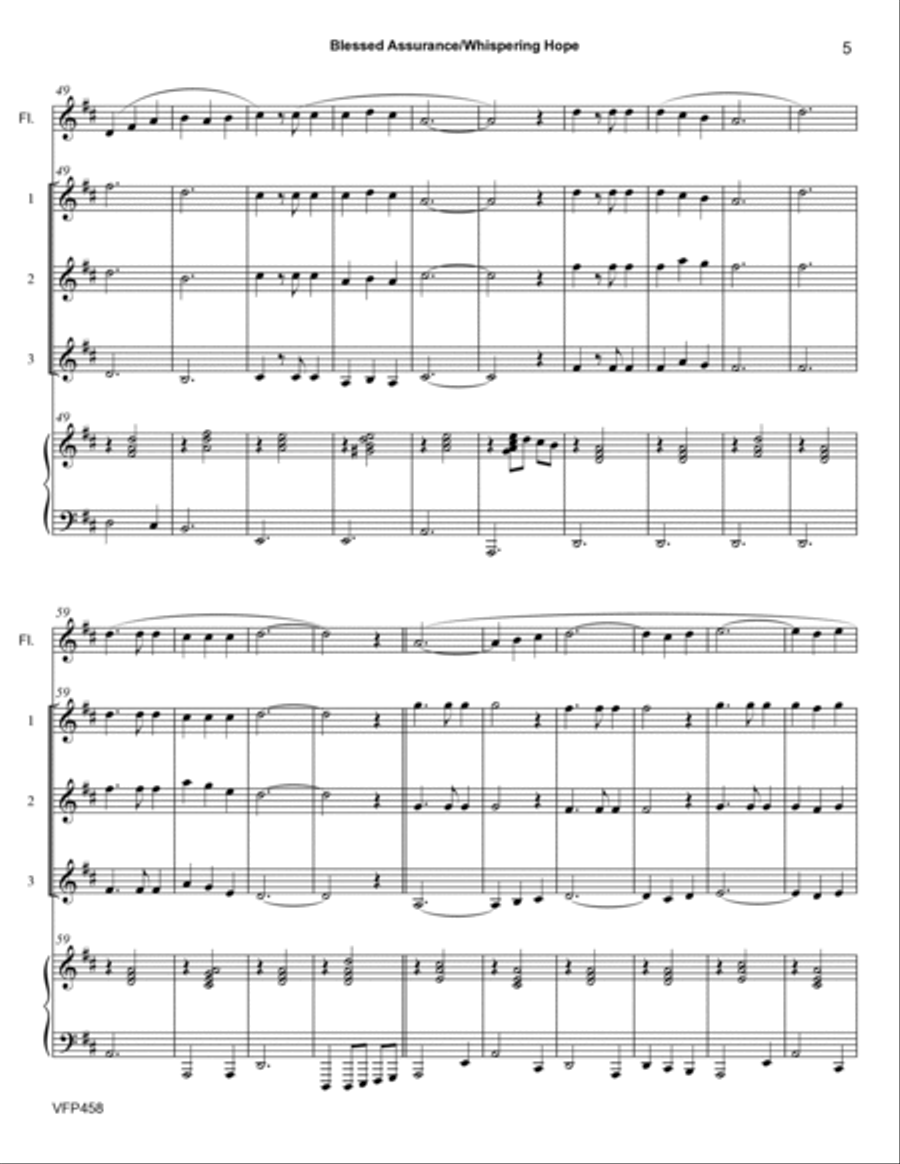 BLESSED ASSURANCE with WHISPERING HOPE - 3 Violins & Flute with Piano Accompaniment Small Ensemble scores gallery preview page 5