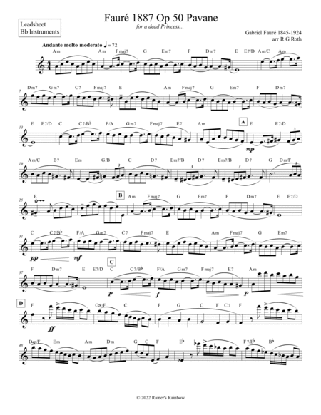 Fauré 1887 Op 50 Pavane Leadsheets C Bb or Eb Instruments
