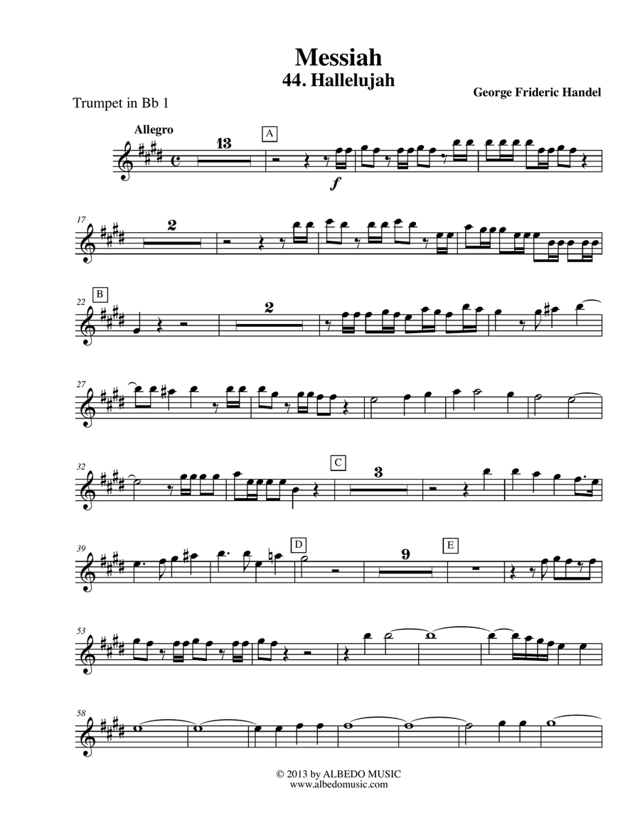 Handel Messiah, 44. Hallelujah - Trumpet in Bb 1 (Transposed Part), HWV 56 B-Flat Trumpet scores gallery preview page 1