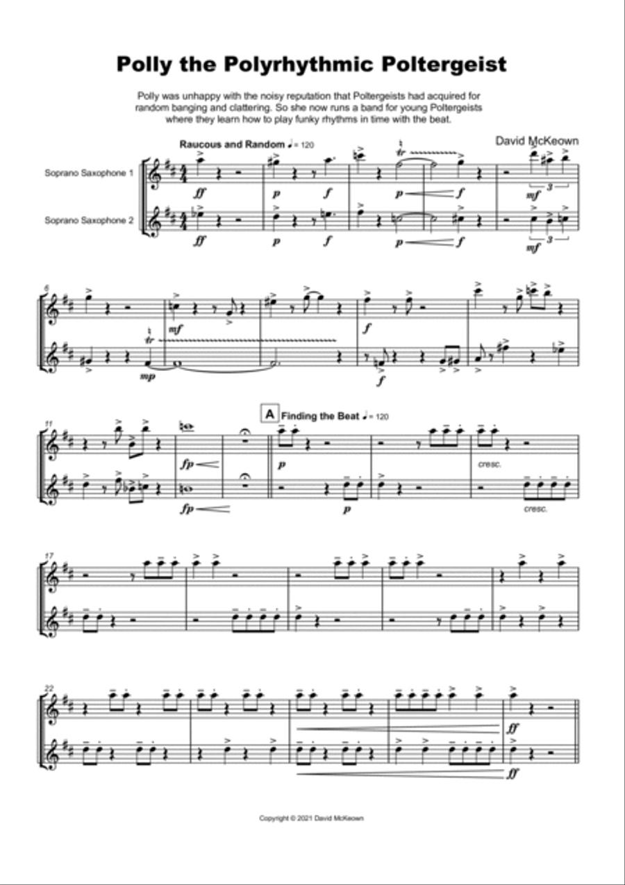 Polly the Polyrhythmic Poltergeist, Halloween Duet for Soprano Saxophone Woodwind Duet scores gallery preview page 2