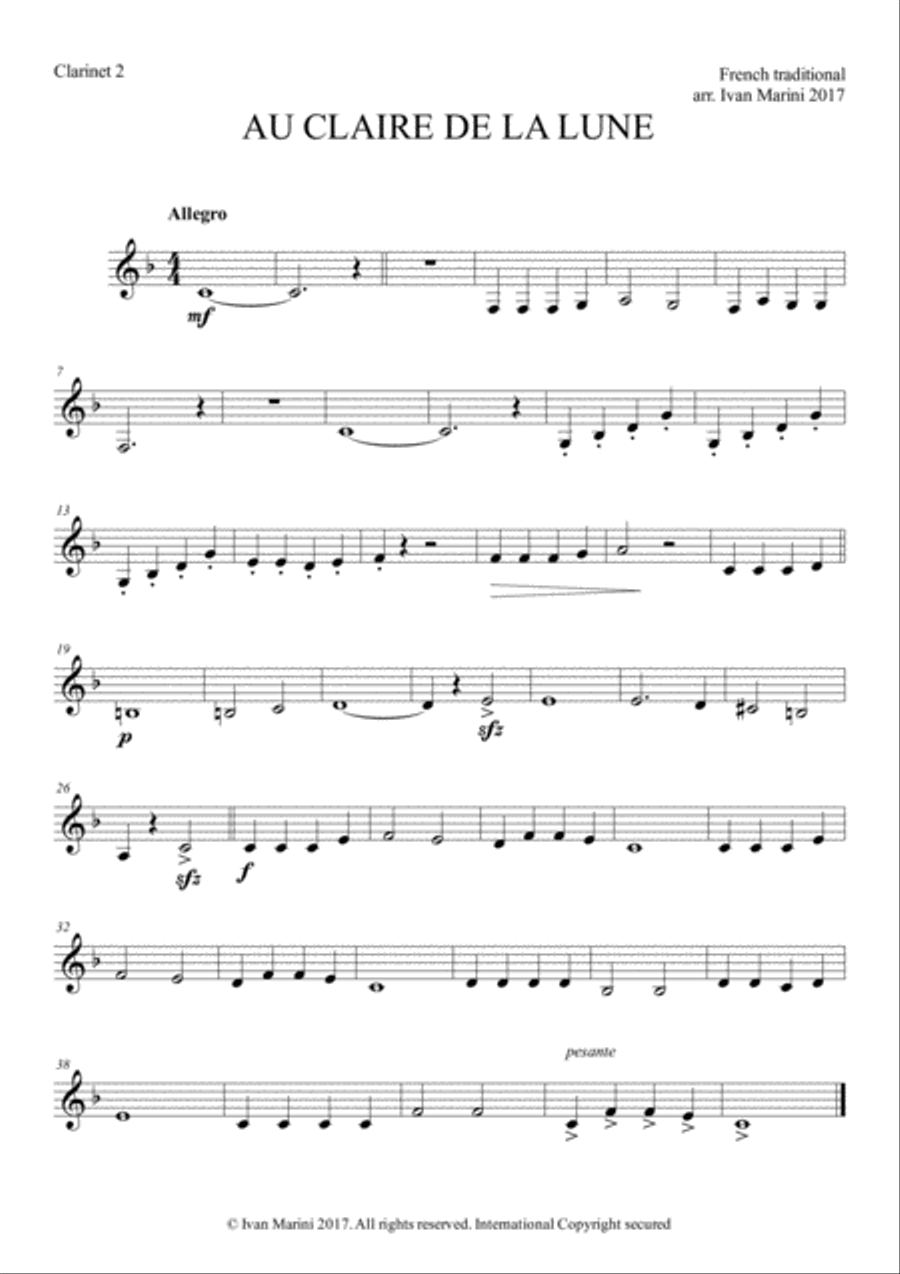AU CLAIRE DE LA LUNE - for Easy Clarinet Quartet image number null