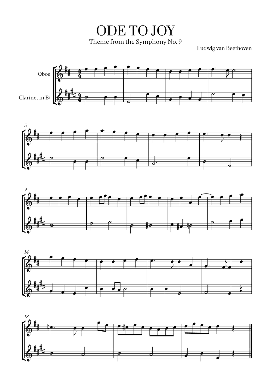 L. v. Beethoven - Ode to Joy (from Symphony No. 9) (for Oboe and Clarinet) Woodwind Duet scores gallery preview page 1