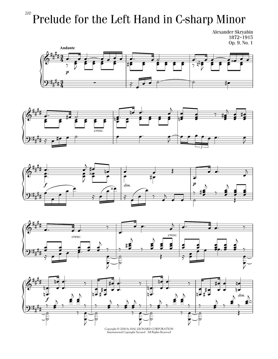 Prelude For The Left Hand, Op. 9, No. 1 Piano Solo scores gallery preview page 1
