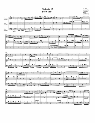 Sinfonia (Three part invention) no.13, BWV 799 (arrangement for 3 recorders)
