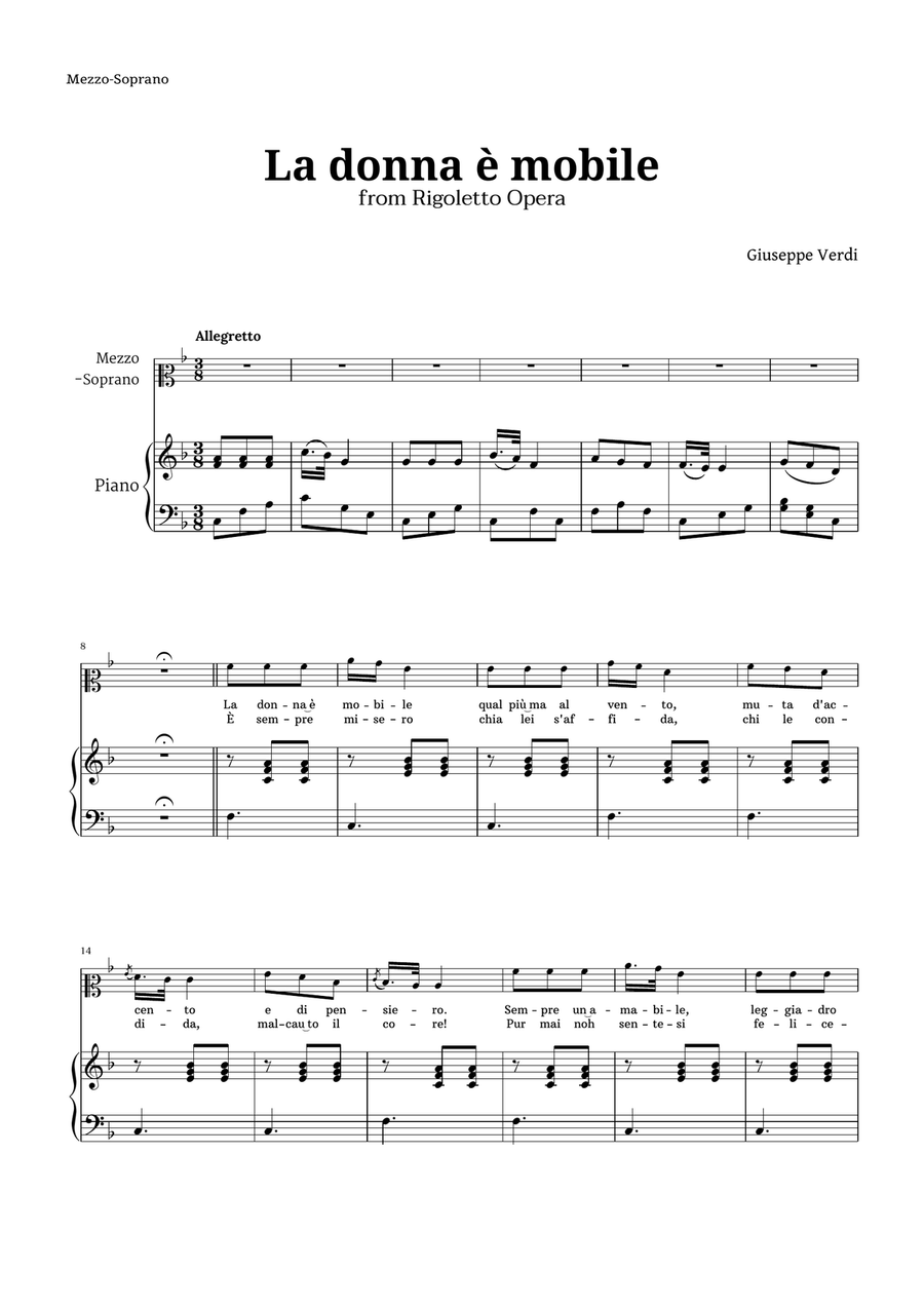 La donna è mobile in F major for Mezzo Soprano and Piano Piano, Vocal scores gallery preview page 1