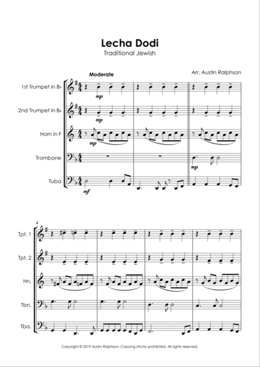 Lecha Dodi לכה דודי (Jewish Wedding / Jewish Sabbath / Kabbalat Shabbat) - brass quintet Brass Quintet scores gallery preview page 5