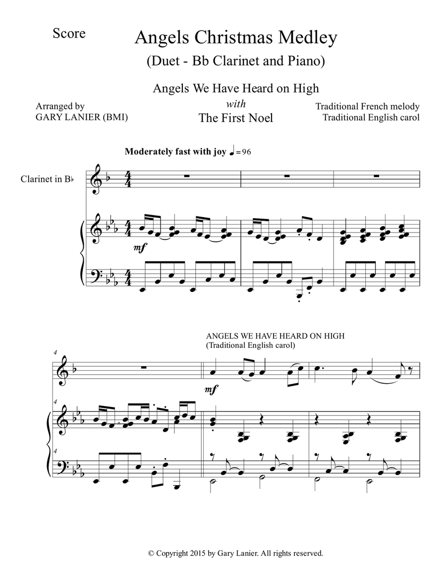 Gary Lanier: ANGELS CHRISTMAS MEDLEY (Duet – Bb Clarinet & Piano with Parts) Woodwind Duet scores gallery preview page 2