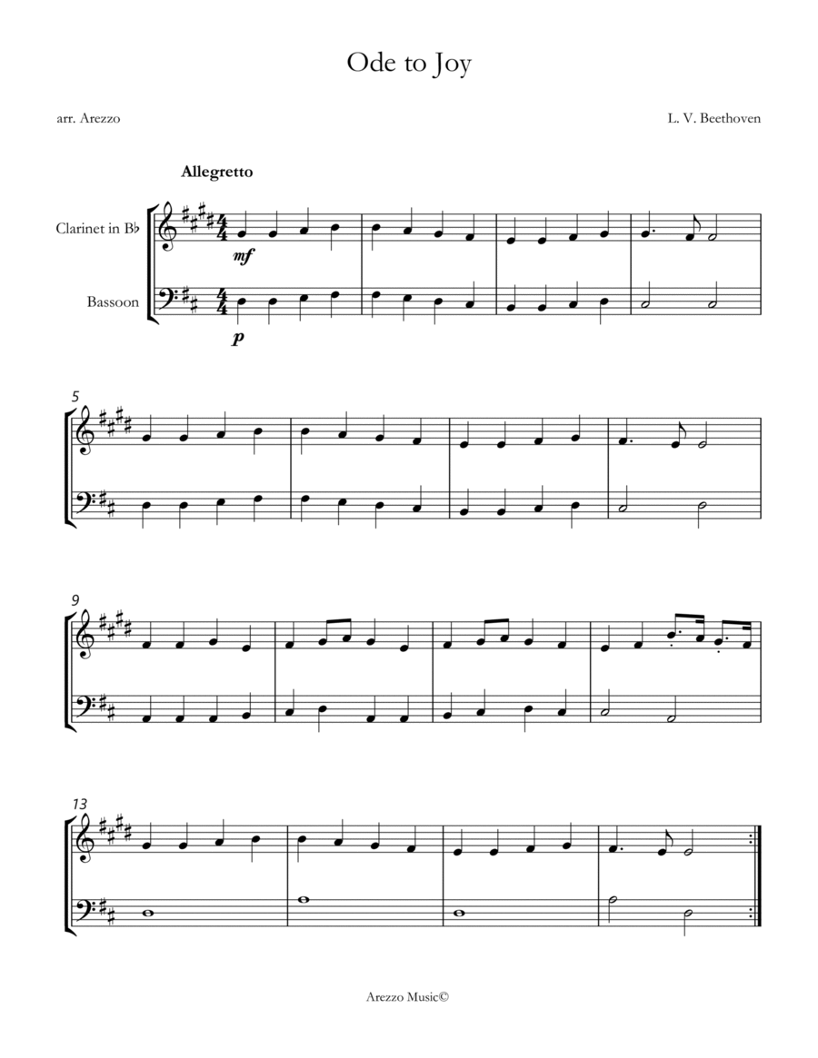 ode to joy for beginners clarinet and bassoon d major sheet music Woodwind Duet scores gallery preview page 1