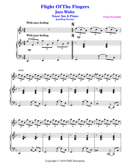"Flight Of The Fingers"-Jazz Waltz-Piano Background for Tenor Sax and Piano image number null
