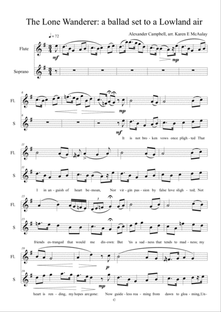 The Lone Wanderer, for soprano and flute - by Alexander Campbell, arranged by Karen E McAulay Flute scores gallery preview page 1