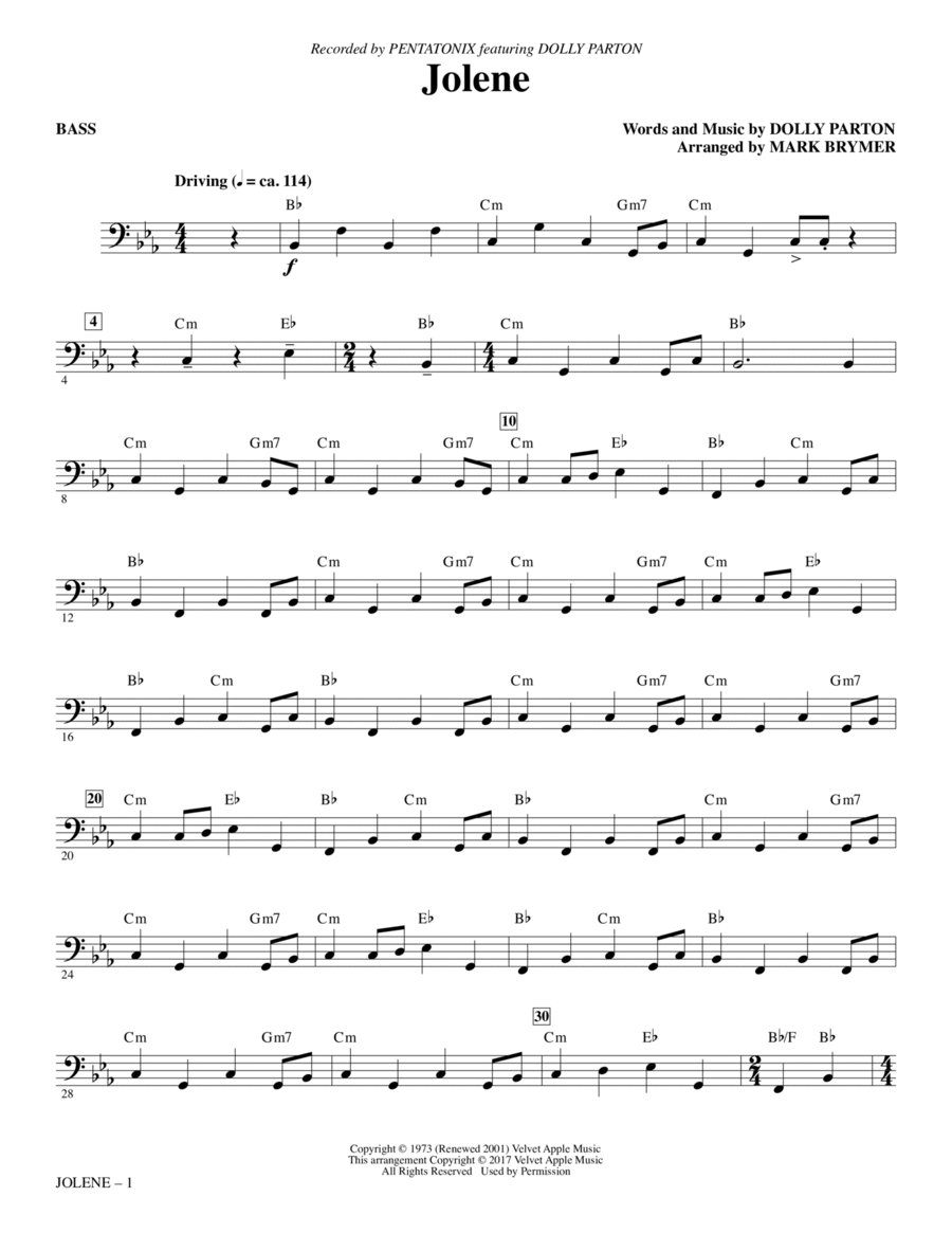 Jolene (feat. Dolly Parton) (arr. Mark Brymer) - Bass Choir scores gallery preview page 1