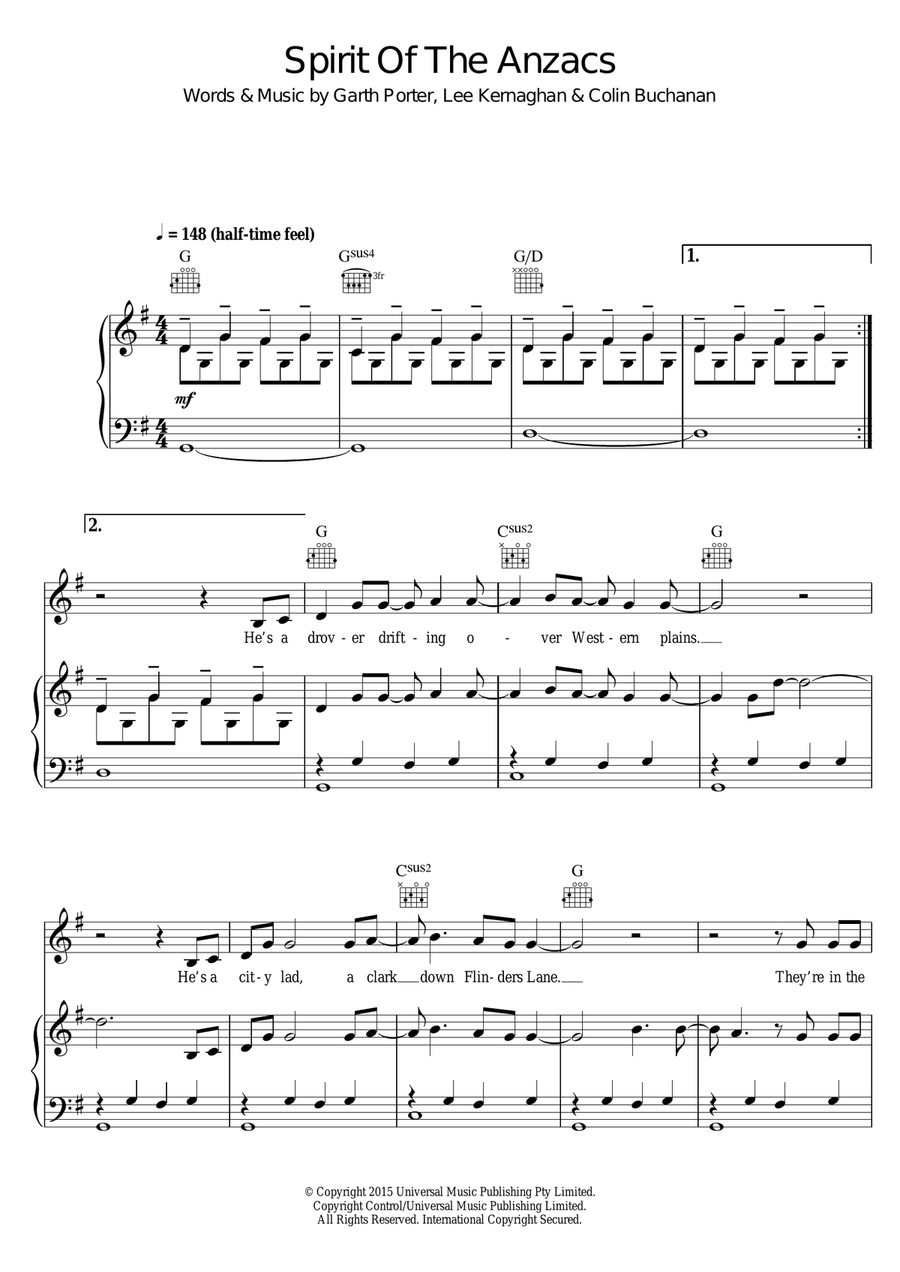 Spirit Of The Anzacs Piano, Vocal, Guitar scores gallery preview page 1