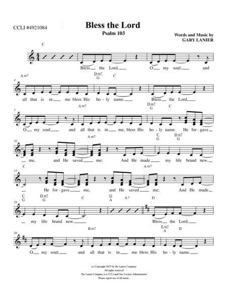 BLESS THE LORD, Lead Sheet (Includes Melody, Lyrics & Chords) image number null