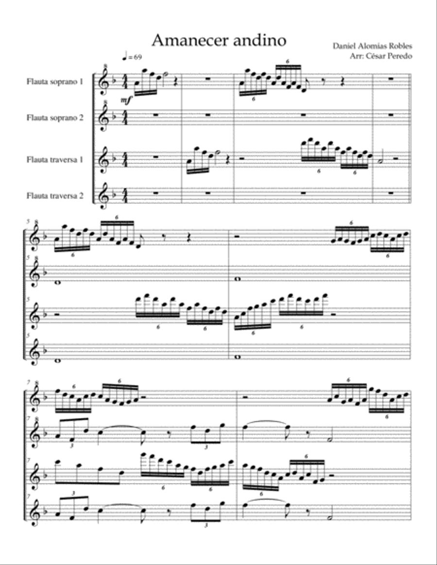 Amanecer andino para 4 flautas Woodwind Quartet scores gallery preview page 2