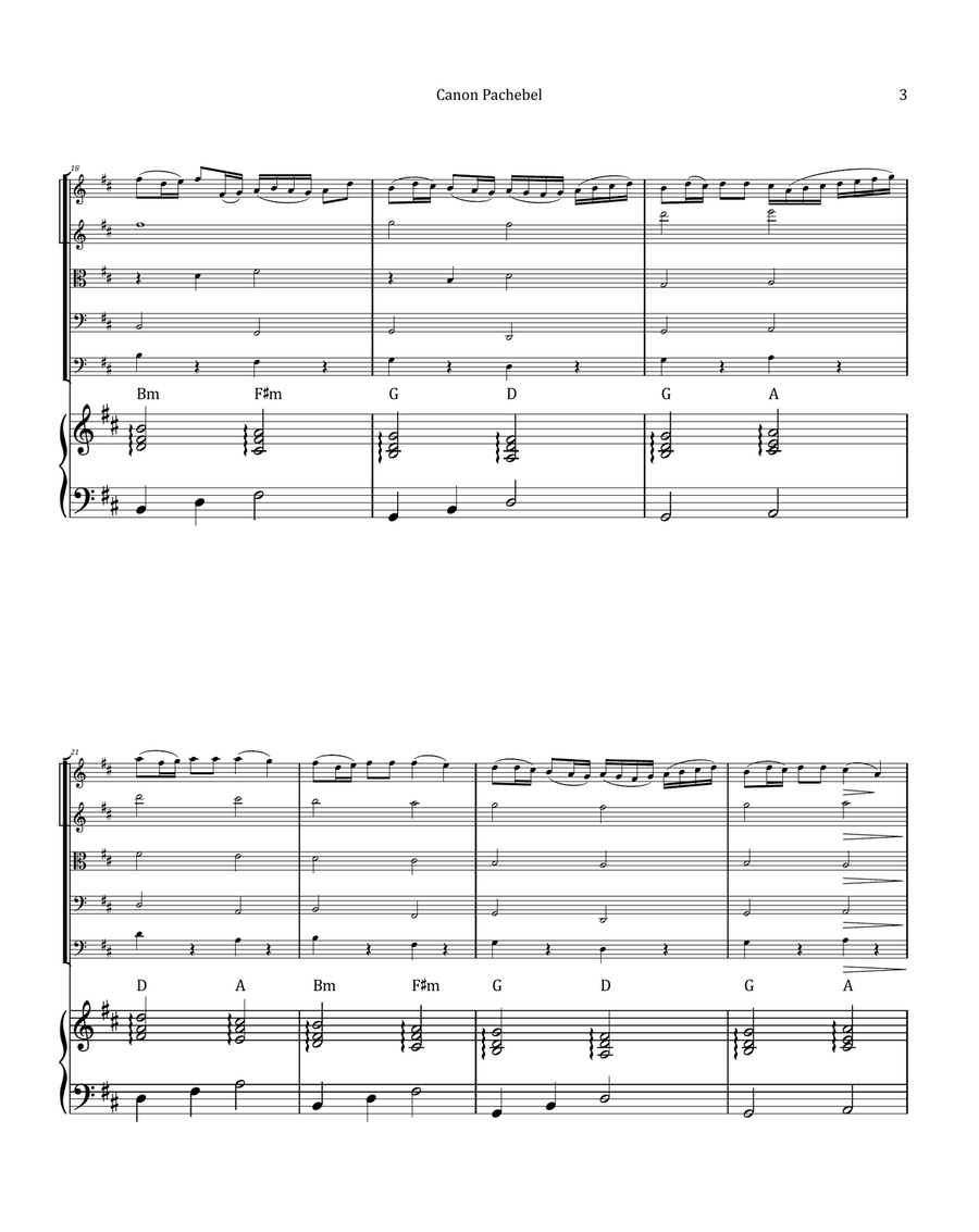 Canon by Pachelbel - String Quintet with Piano and Chord Notation String Orchestra scores gallery preview page 3