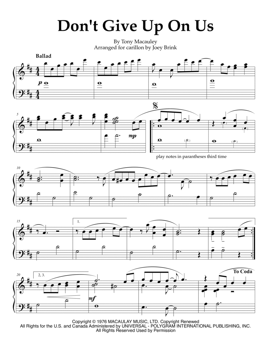 Don't Give Up On Us Glockenspiel scores gallery preview page 1