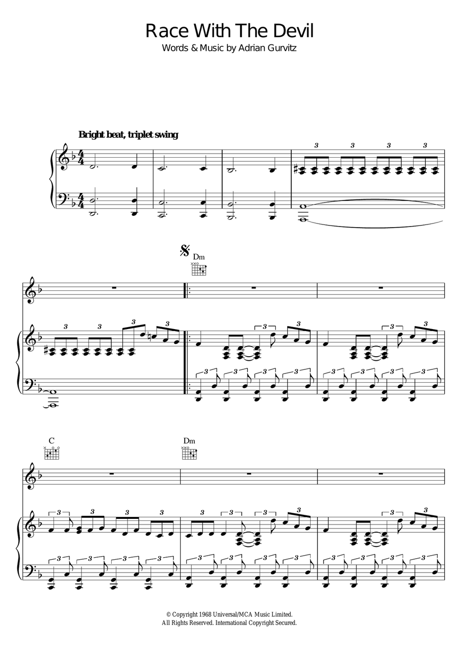 Race With The Devil Piano, Vocal, Guitar scores gallery preview page 1