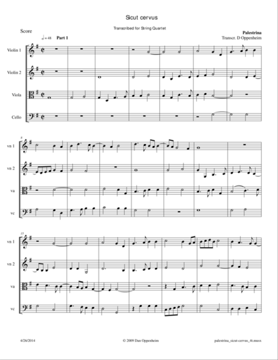 Palestrina: Sicut cervus for String Quartet String Quartet scores gallery preview page 1