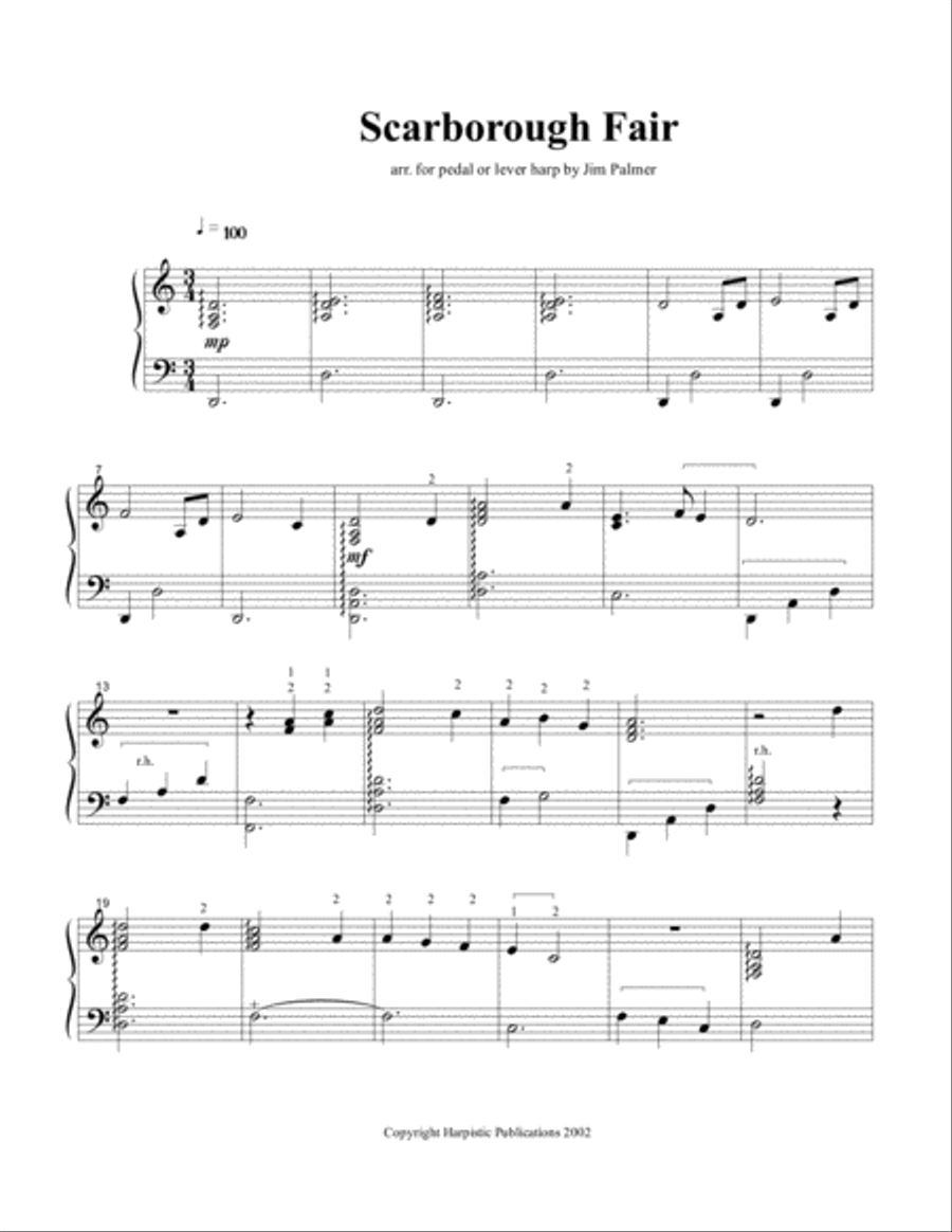 Scarborough Fair for pedal or lever harp Pedal Harp scores gallery preview page 1