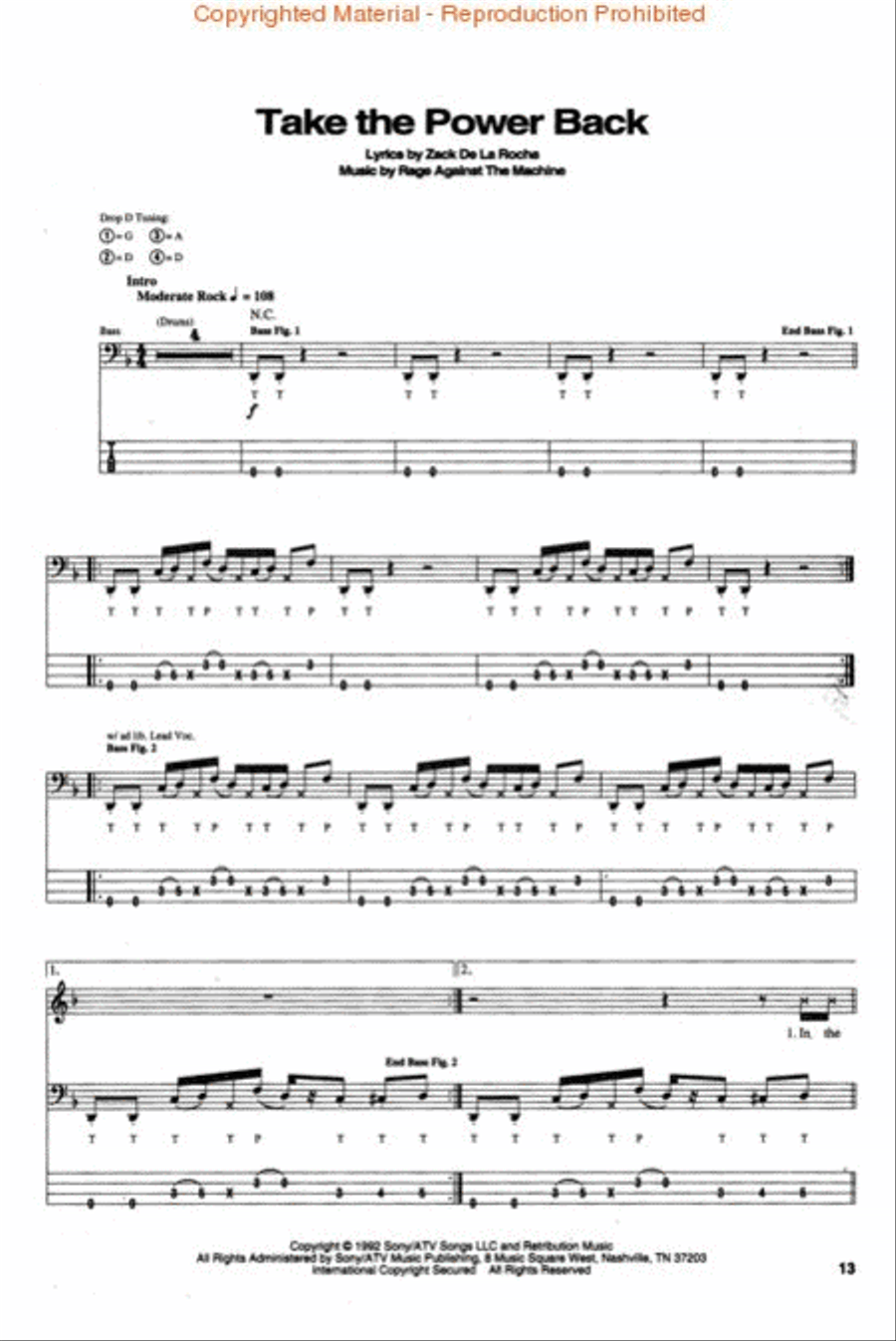 Rage Against the Machine Bass Guitar Tablature scores gallery preview page 3