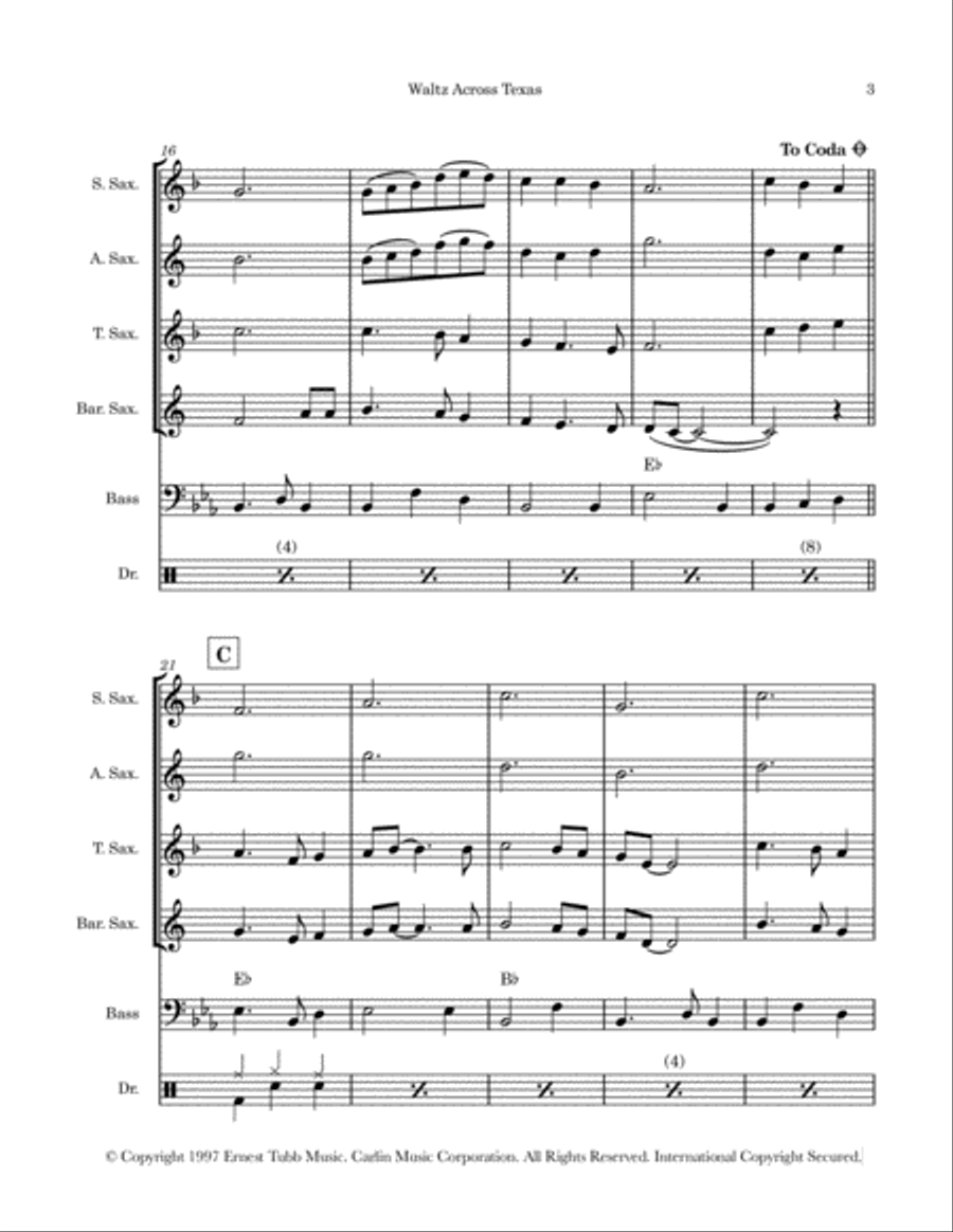 Waltz Across Texas Saxophone Quartet scores gallery preview page 3