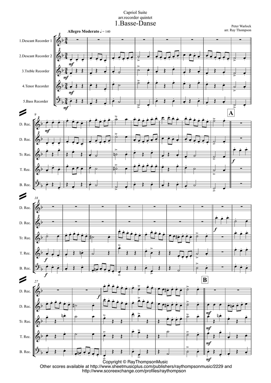 Peter Warlock: Capriol Suite - recorder quintet Soprano Recorder scores gallery preview page 1