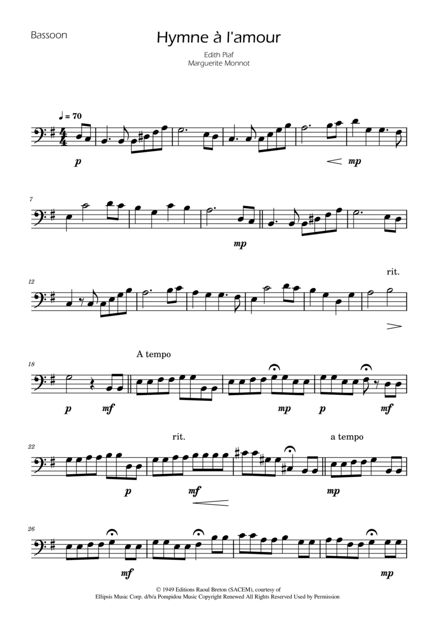 Hymne A L'amour Bassoon Solo scores gallery preview page 1