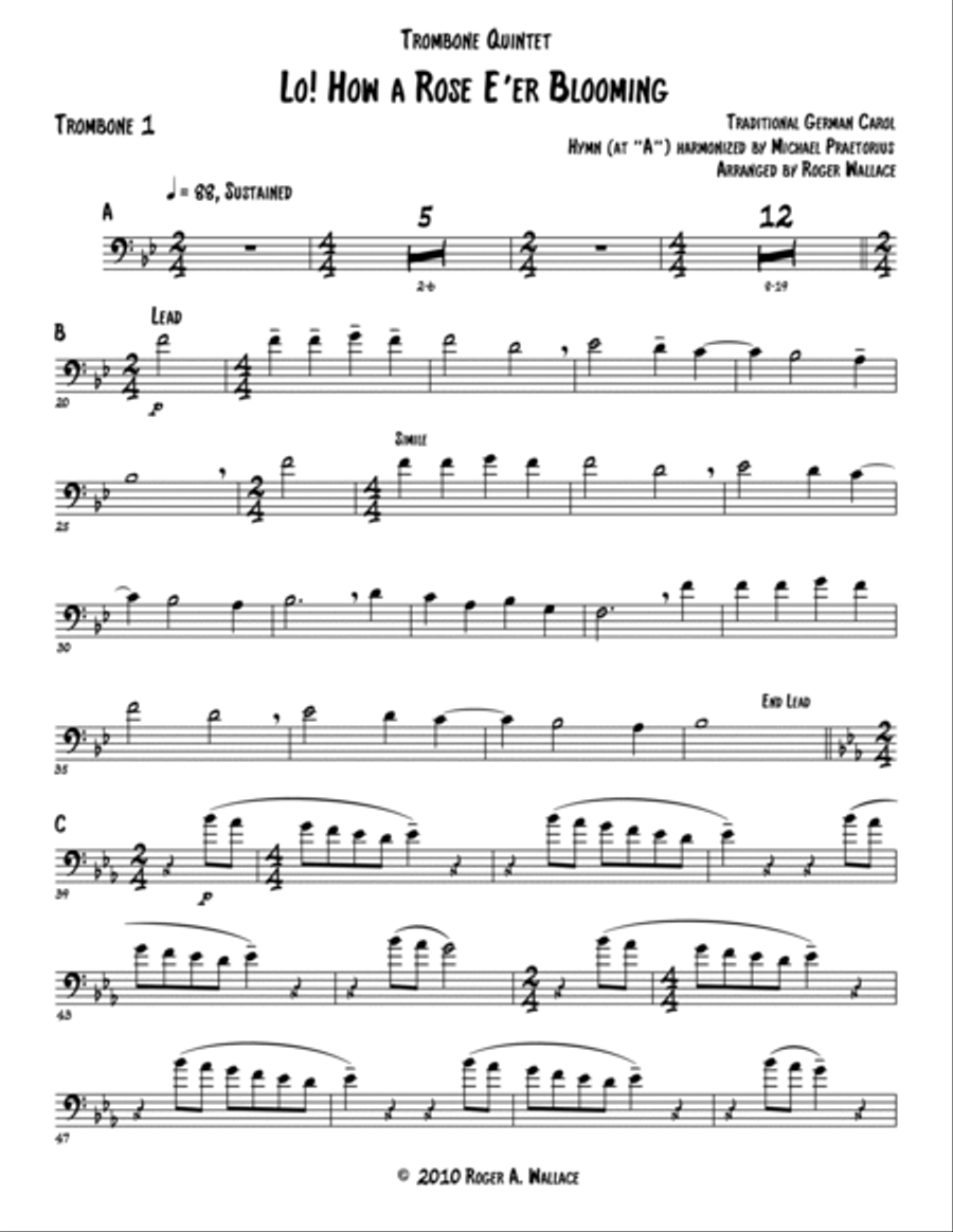 Lo! How a Rose E'er Blooming (Trombone Quintet or Choir) Choir scores gallery preview page 3