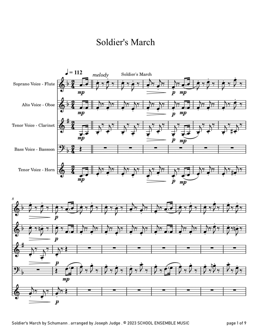 Soldier's March by Schumann for Woodwind Quartet in Schools Woodwind Quartet scores gallery preview page 1