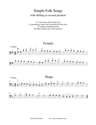 Four familiar folk songs for learning second and third position on the cello