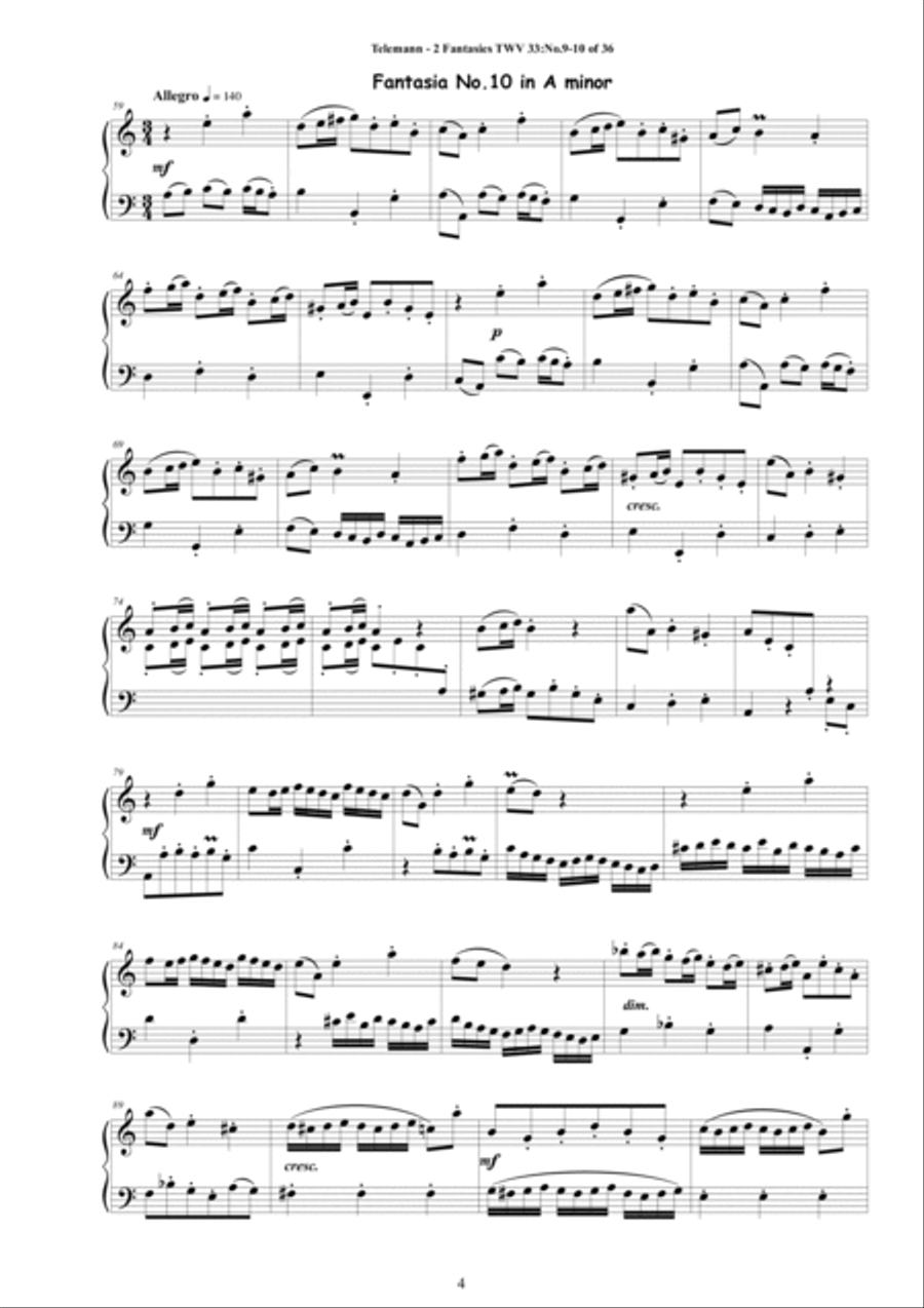 Teleman - 2 Fantasies in (A major A minor) TWV 33 No.9-10 of 36 for Piano Piano Solo scores gallery preview page 4