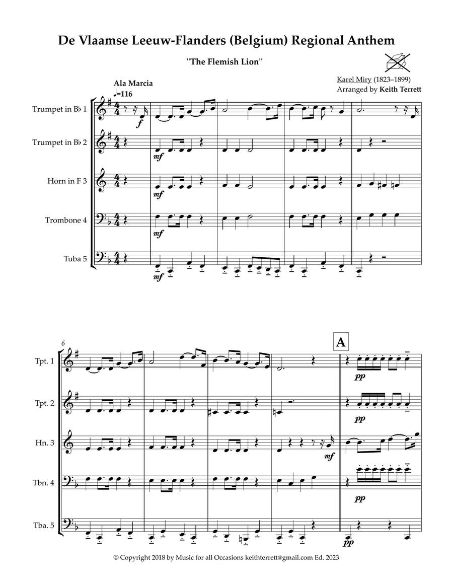 Flanders Regional Anthem for (De Vlaamse Leeuw-Flanders ) for Brass Quintet image number null
