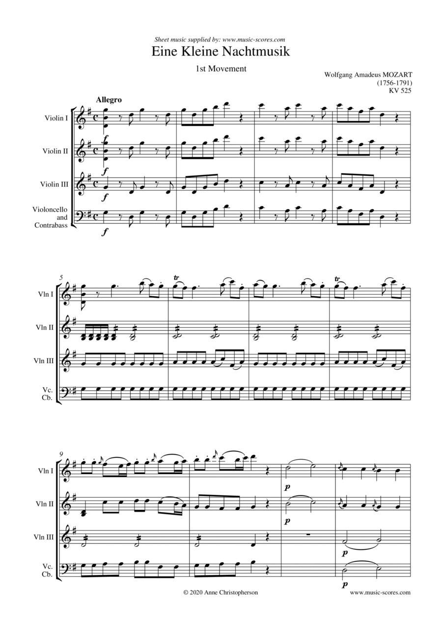 Eine Kleine Nachtmusik - Allegro 1st movement - 3 Violins and Cello and/or Contrabass String Trio scores gallery preview page 1