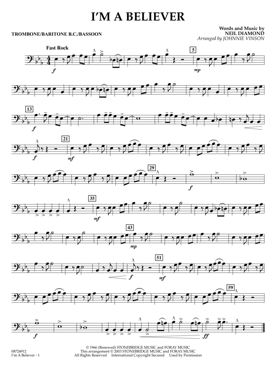 I'm a Believer (arr. Johnnie Vinson) - Trombone/Baritone B.C./Bassoon Concert Band scores gallery preview page 1