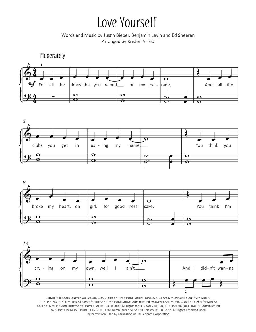 Love Yourself Easy Piano scores gallery preview page 1