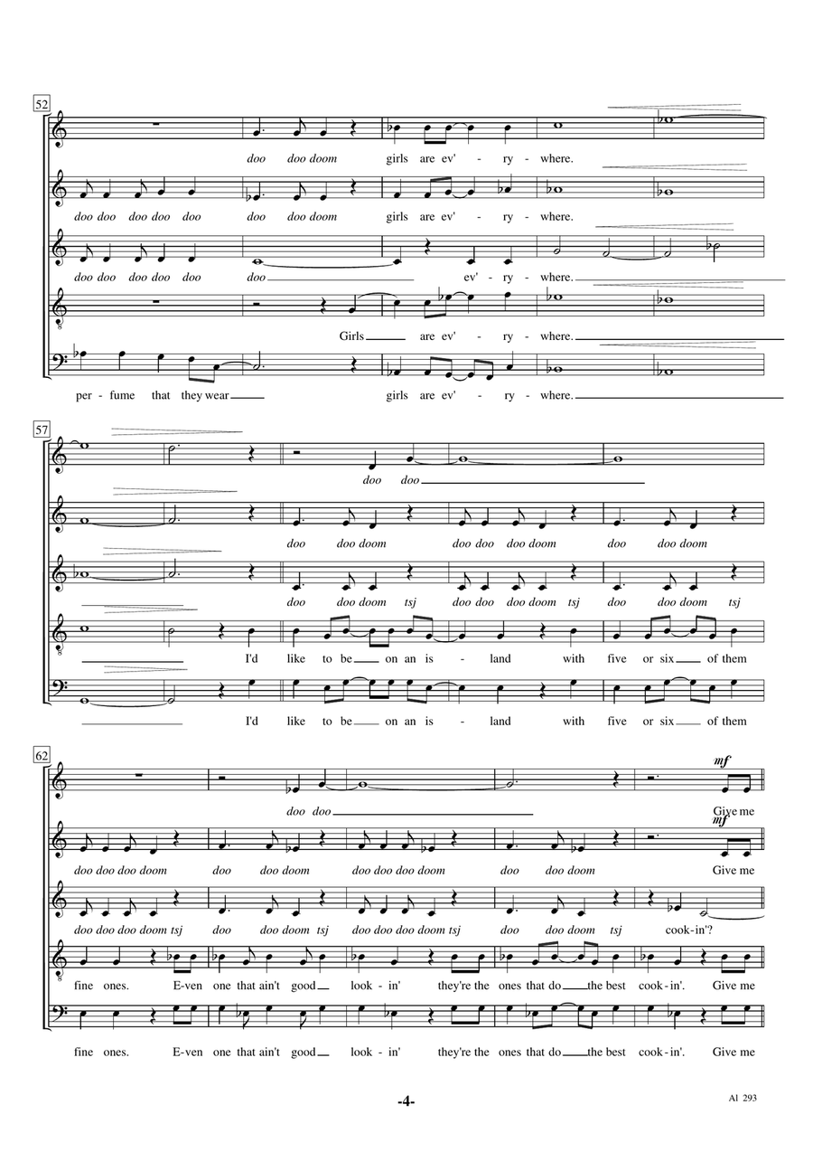 Girls SAATB chorus A Cappella Solo Bass Voice Divisi scores gallery preview page 4