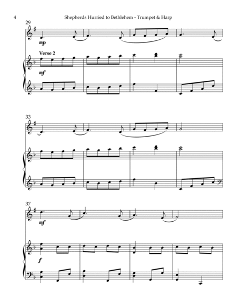 Shepherds Hurried to Bethlehem, Duet for Bb Trumpet & Harp Trumpet Duet scores gallery preview page 4