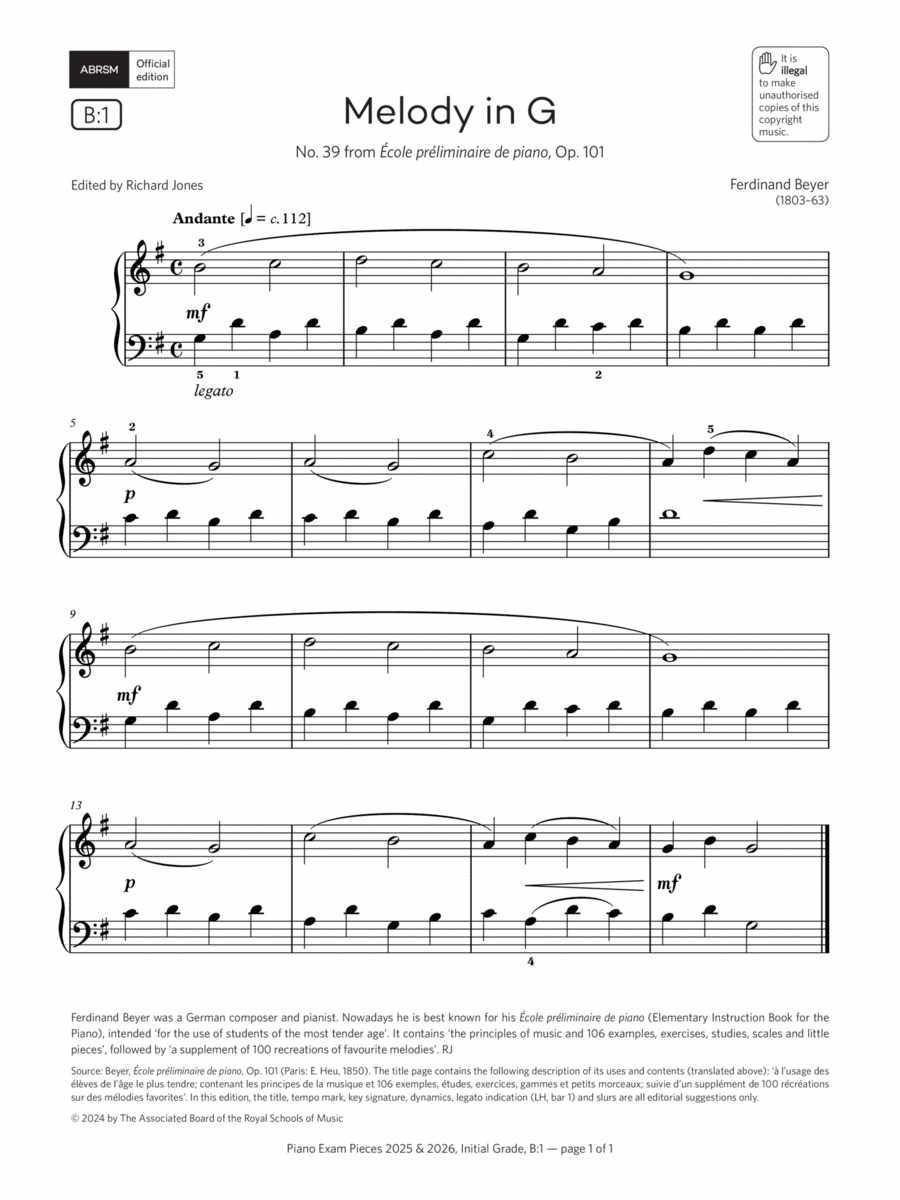 Melody in G (Grade Initial, list B1, from the ABRSM Piano Syllabus 2025 & 2026) Piano Method scores gallery preview page 1