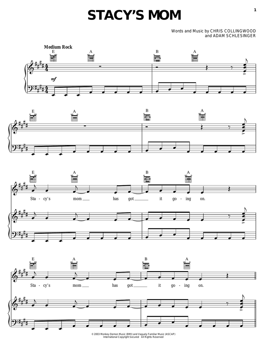 Stacy's Mom Stacy's Mom Piano, Vocal, Guitar scores gallery preview page 1