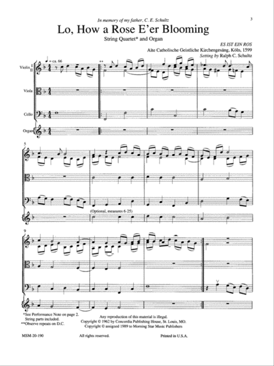 Lo, How a Rose E'er Blooming String Quartet scores gallery preview page 2