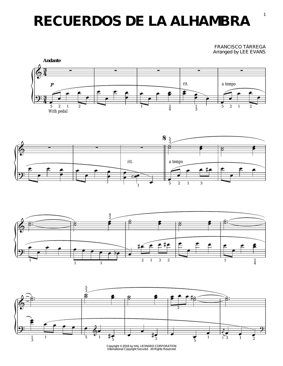 Recuerdos de la Alhambra (arr. Lee Evans) Piano Solo scores gallery preview page 1