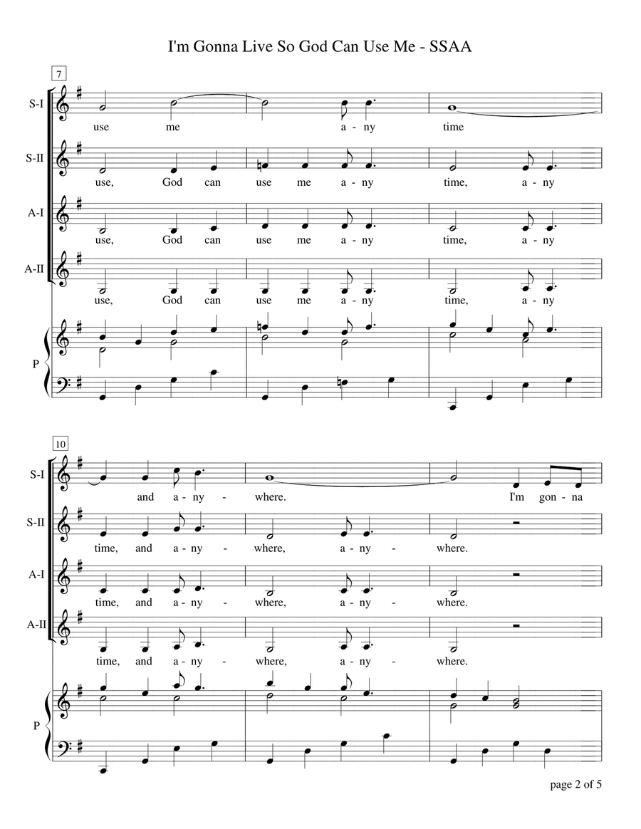 I'm Gonna Live So God Can Use Me (for SSAA a cappella Quartet with optional piano accompaniment) SSAA scores gallery preview page 5