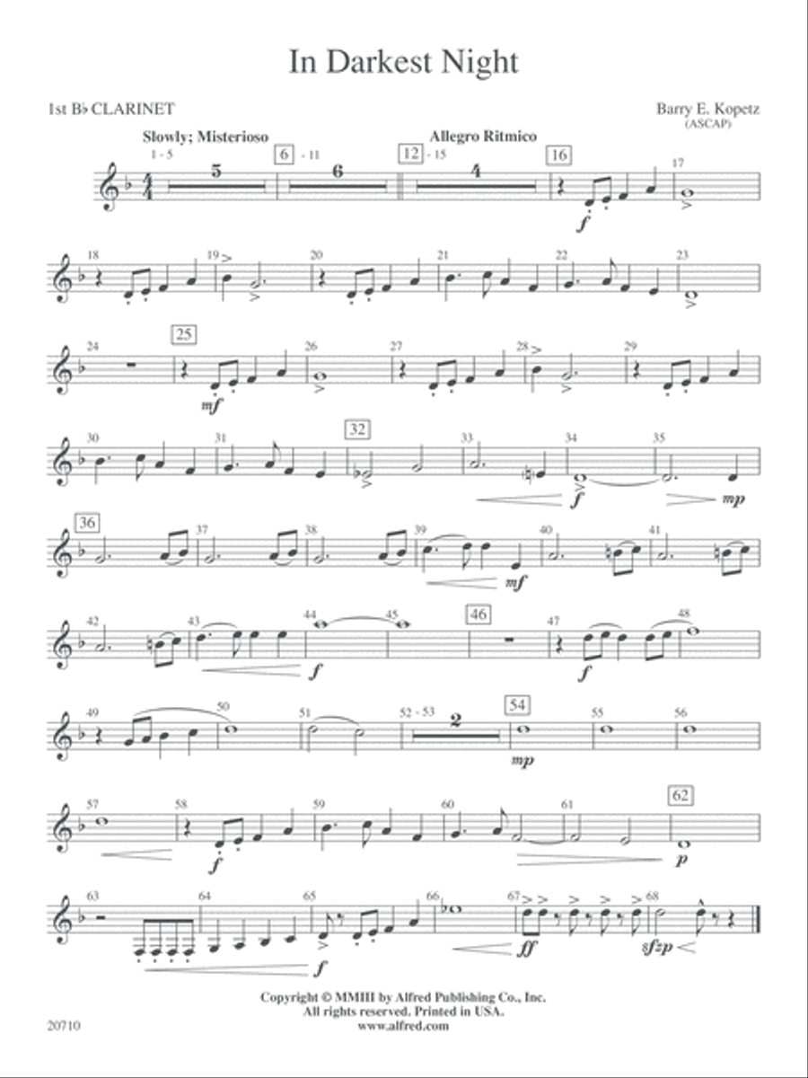 In Darkest Night: 1st B-flat Clarinet Concert Band scores gallery preview page 1