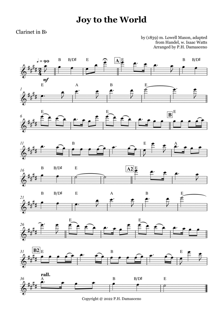 Joy to the World - Clarinet in Bb Solo with Chords image number null